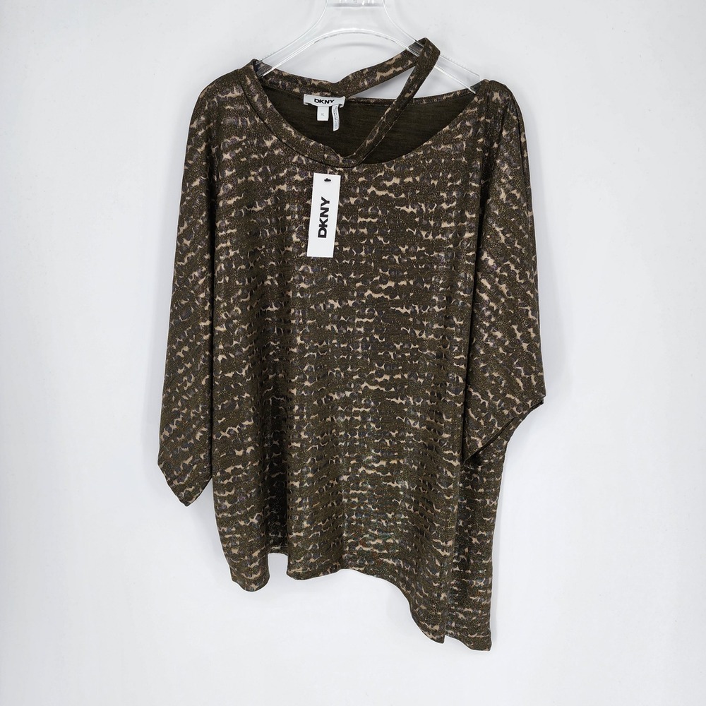 DKNY Asymmetric Top Women XL Olive Green New Metallic Animal Print Cutout Neck